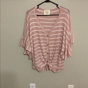 Blush and white ruffle sleeve blouse